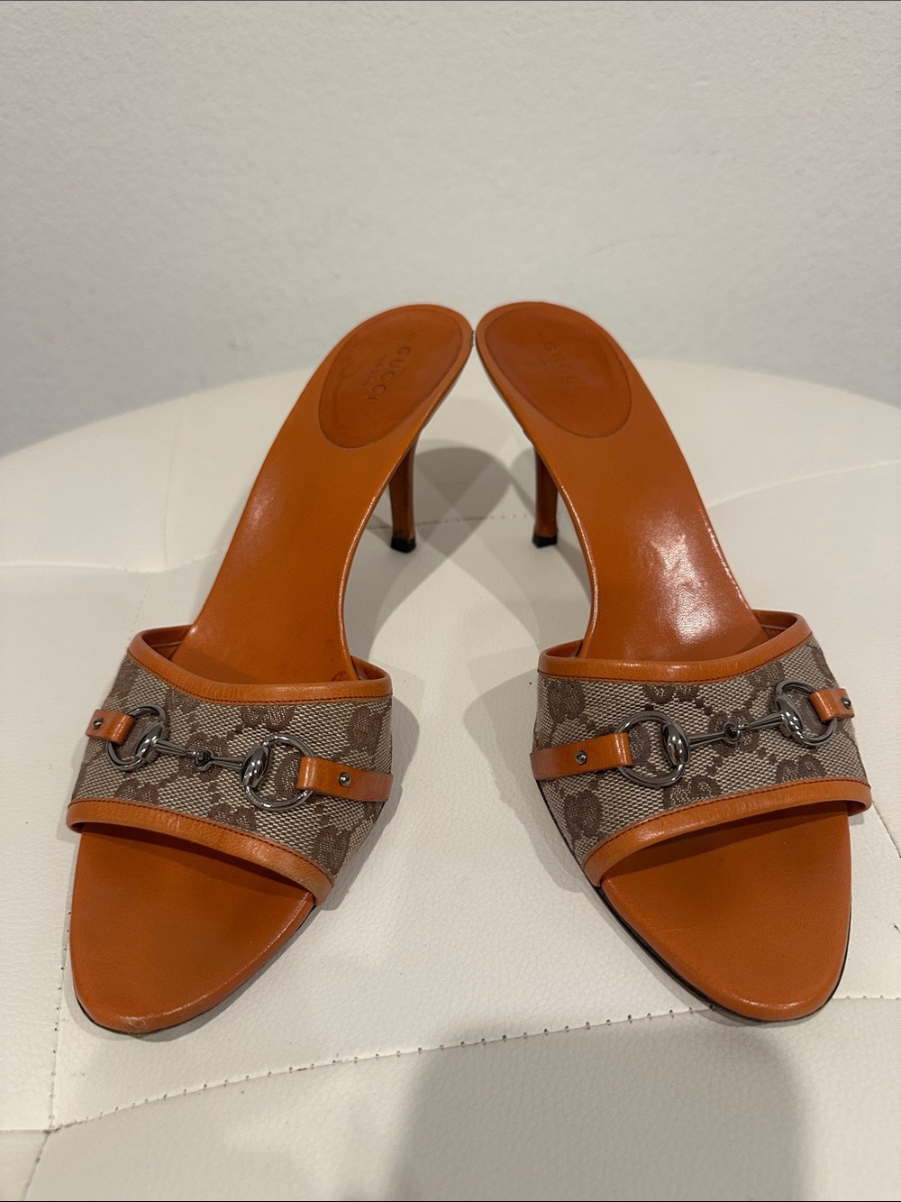 Gucci Orange Leather & Brown Monogram Horsebit Slide Mules